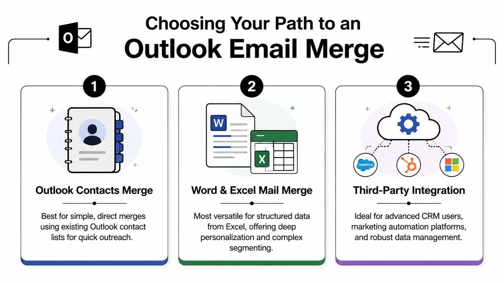A diagram illustrating three different methods to perform an email merge using Microsoft Outlook applications.