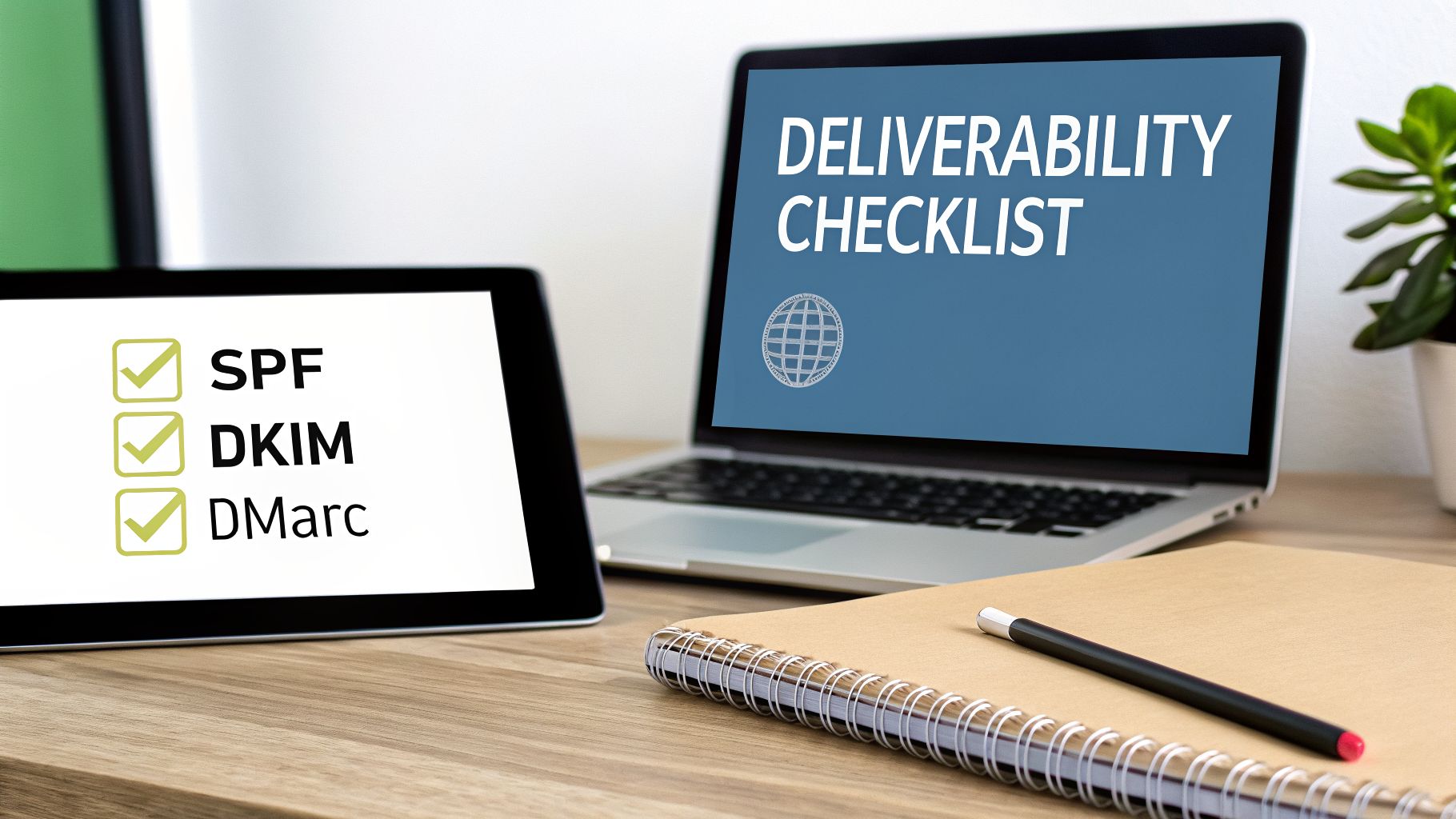 Laptop displaying 'Deliverability Checklist' and tablet showing SPF, DKIM, DMARC checked on a desk.