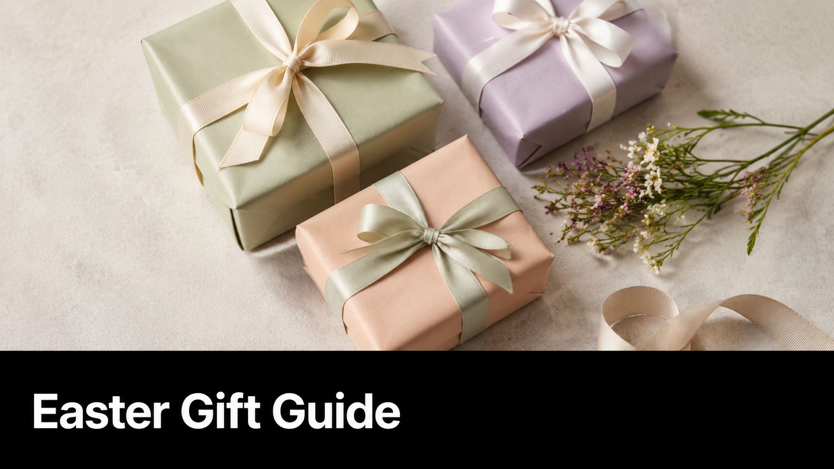 Three elegantly wrapped gift boxes in pastel colors adorned with ribbons alongside delicate sprigs of small flowers.