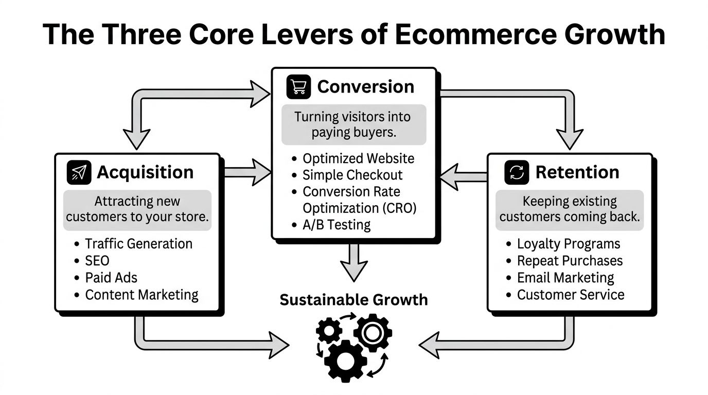 A diagram illustrating the three core levers of ecommerce growth: acquisition, conversion, and retention strategies.