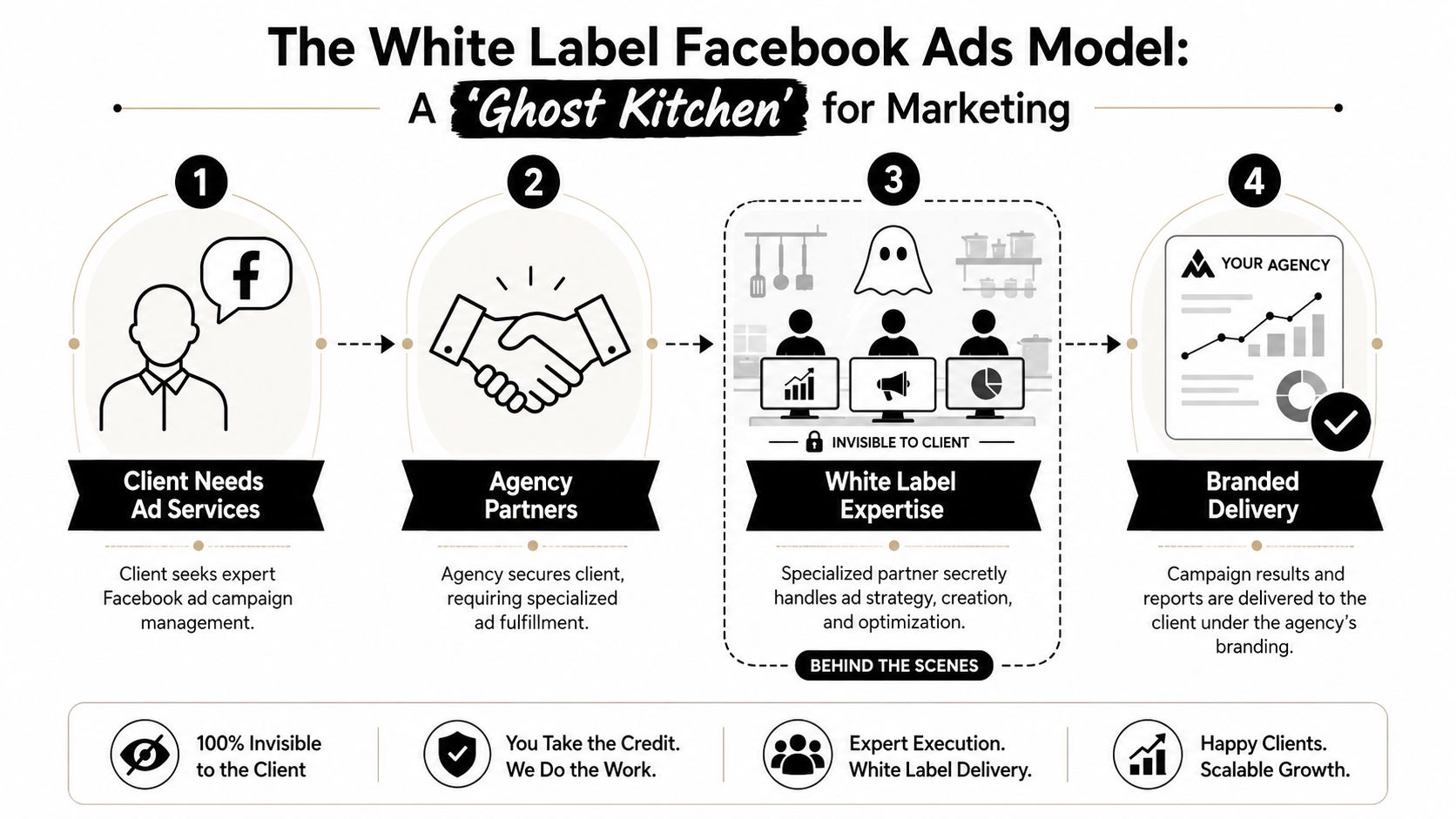 A diagram illustrating the white label Facebook ads business model using a ghost kitchen metaphor.