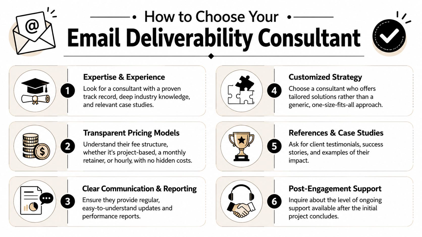 A helpful infographic outlining six essential tips for choosing a professional email deliverability consultant for your business.
