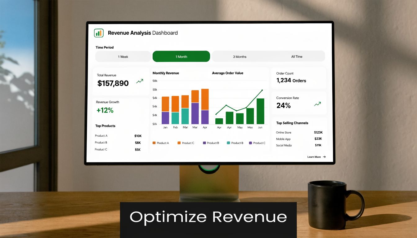A computer monitor displaying a comprehensive Revenue Analysis dashboard with various charts and metrics on a wooden desk.