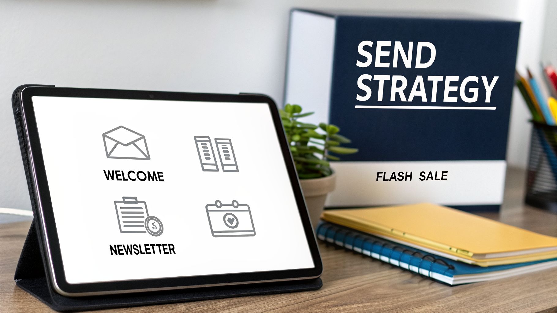 A tablet displaying email marketing icons for welcome and newsletter, alongside a 'SEND STRATEGY' binder.