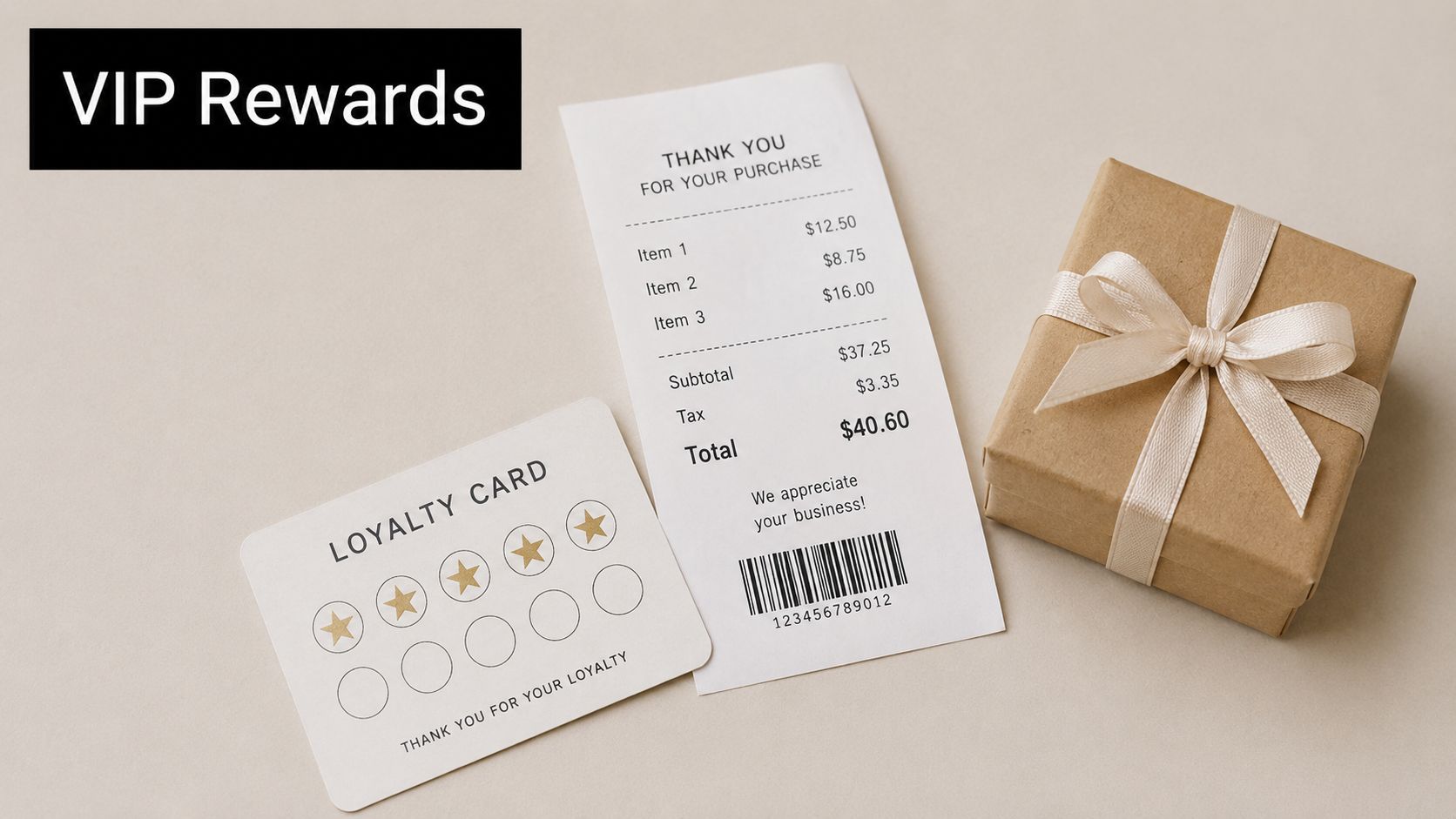 A loyalty card, a store receipt, and a small gift box representing customer rewards on a table.