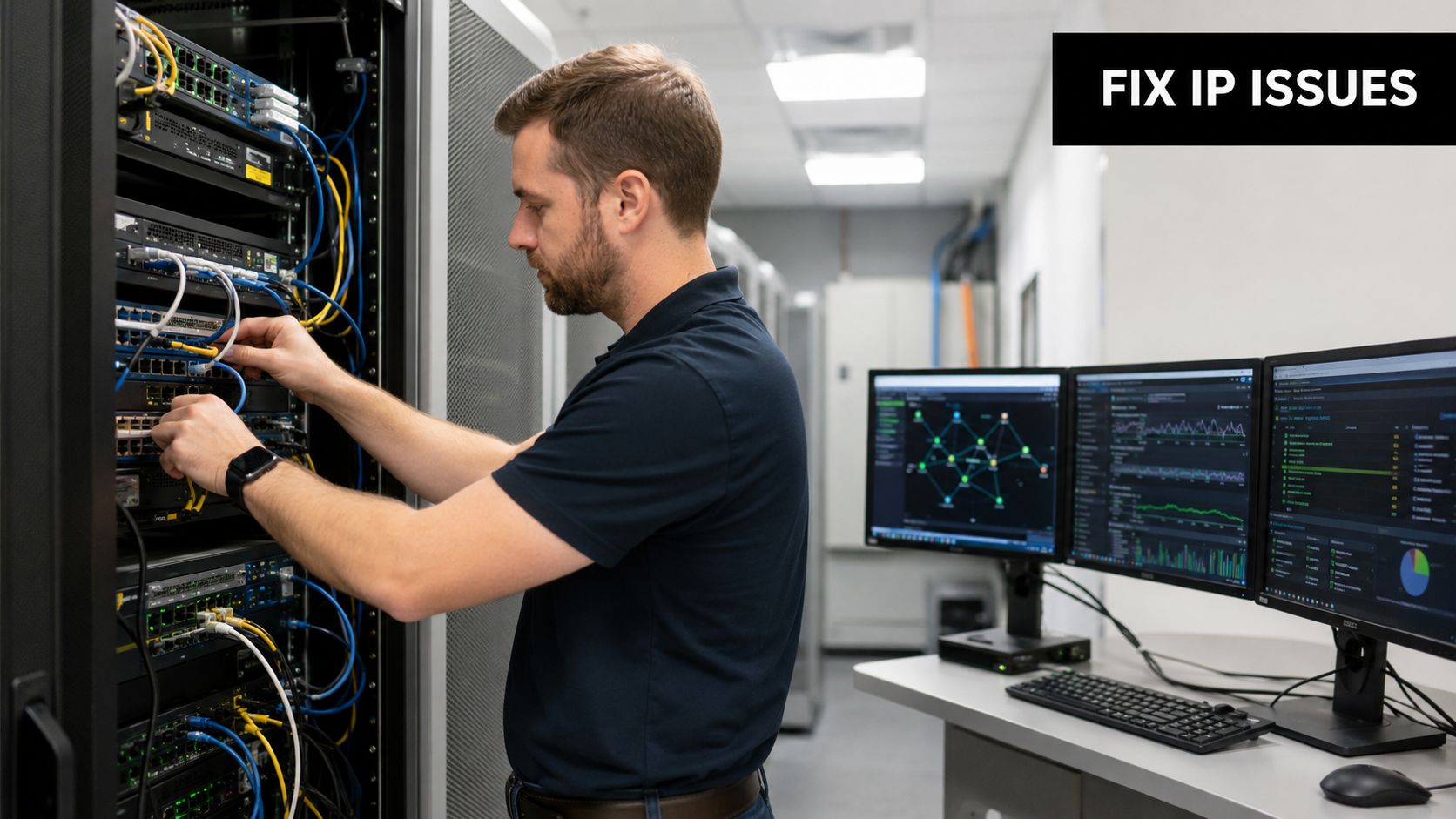 A professional technician works on server cabling in a data center to resolve network connectivity issues.