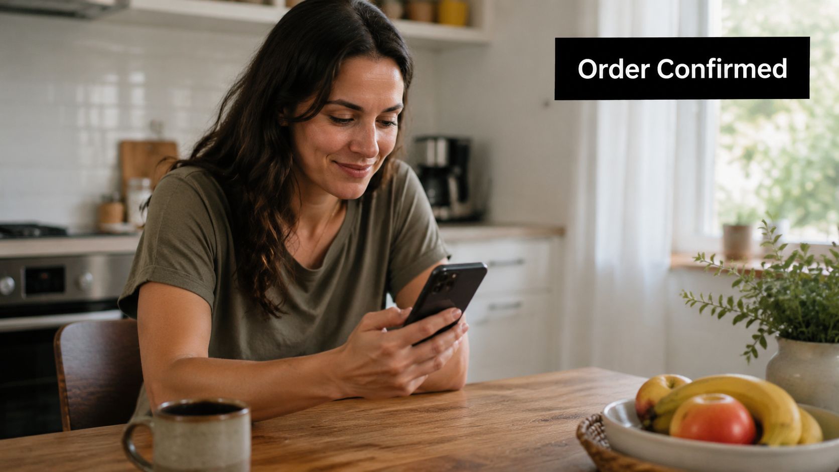 A smiling woman sitting at a wooden kitchen table looking at her smartphone with an order confirmation notification.