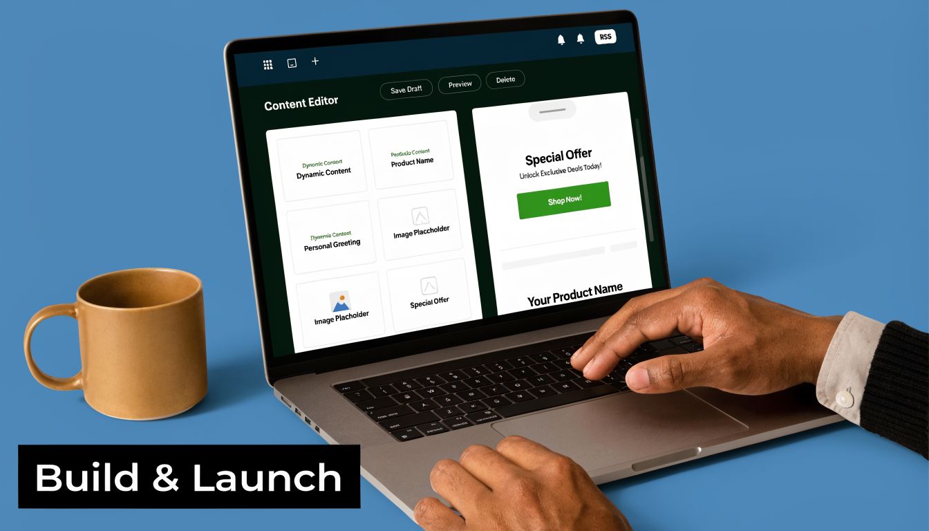 A person working on a laptop displaying a content editor interface for an email marketing platform.