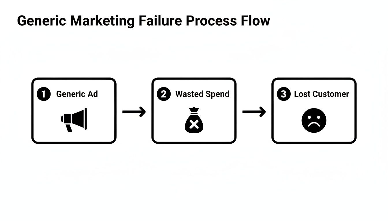 Flowchart illustrating a generic marketing failure process with steps: Generic Ad, Wasted Spend, and Lost Customer.