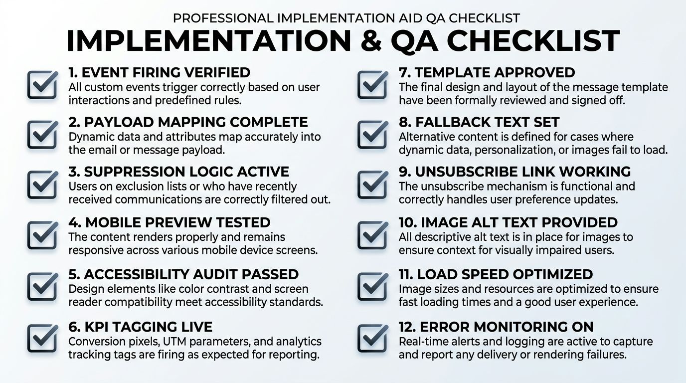 A professional 12-point implementation and quality assurance checklist for marketing emails and digital communication workflows.