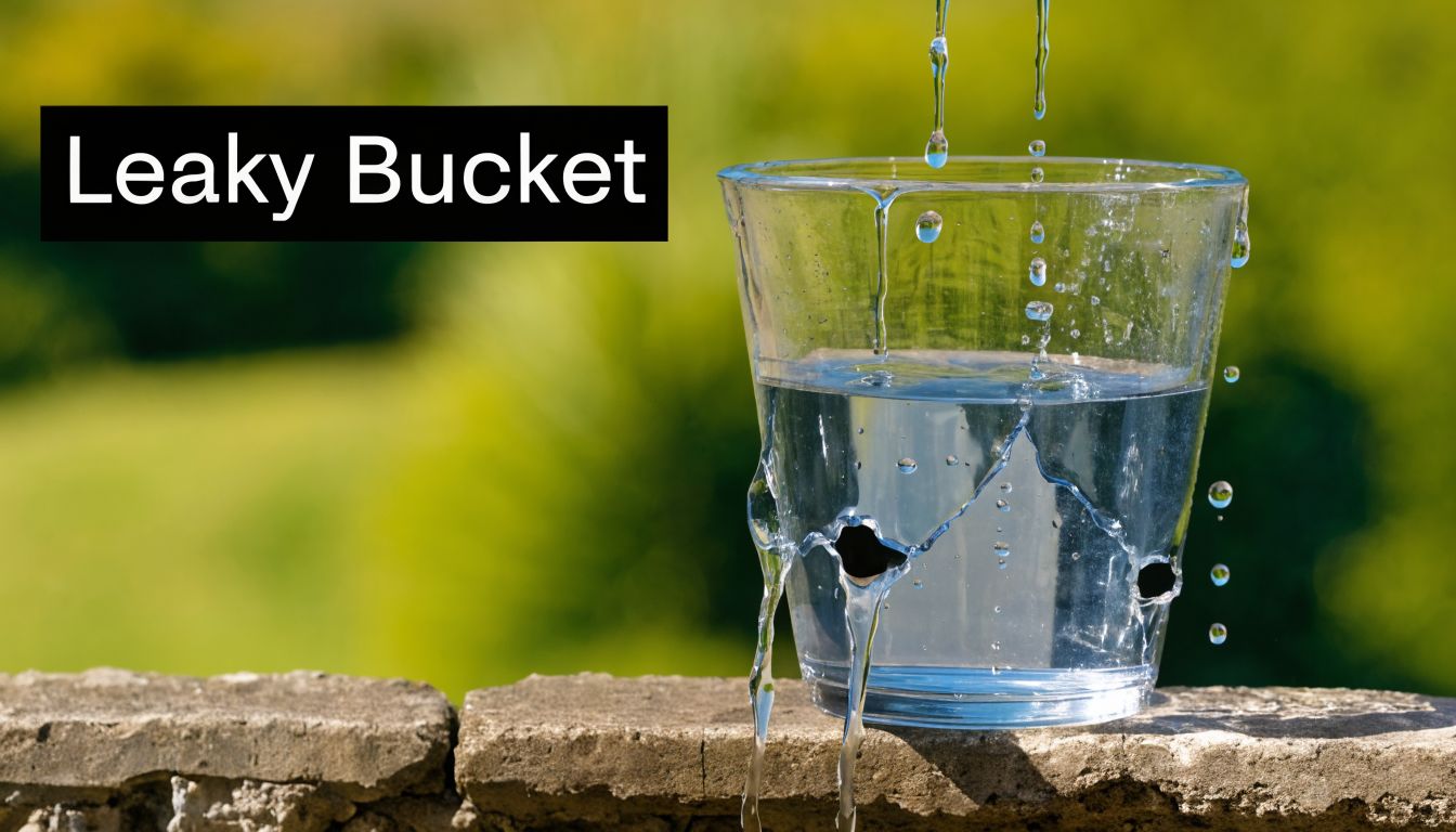 A glass cup with holes leaking water while placed on a stone wall in an outdoor setting.