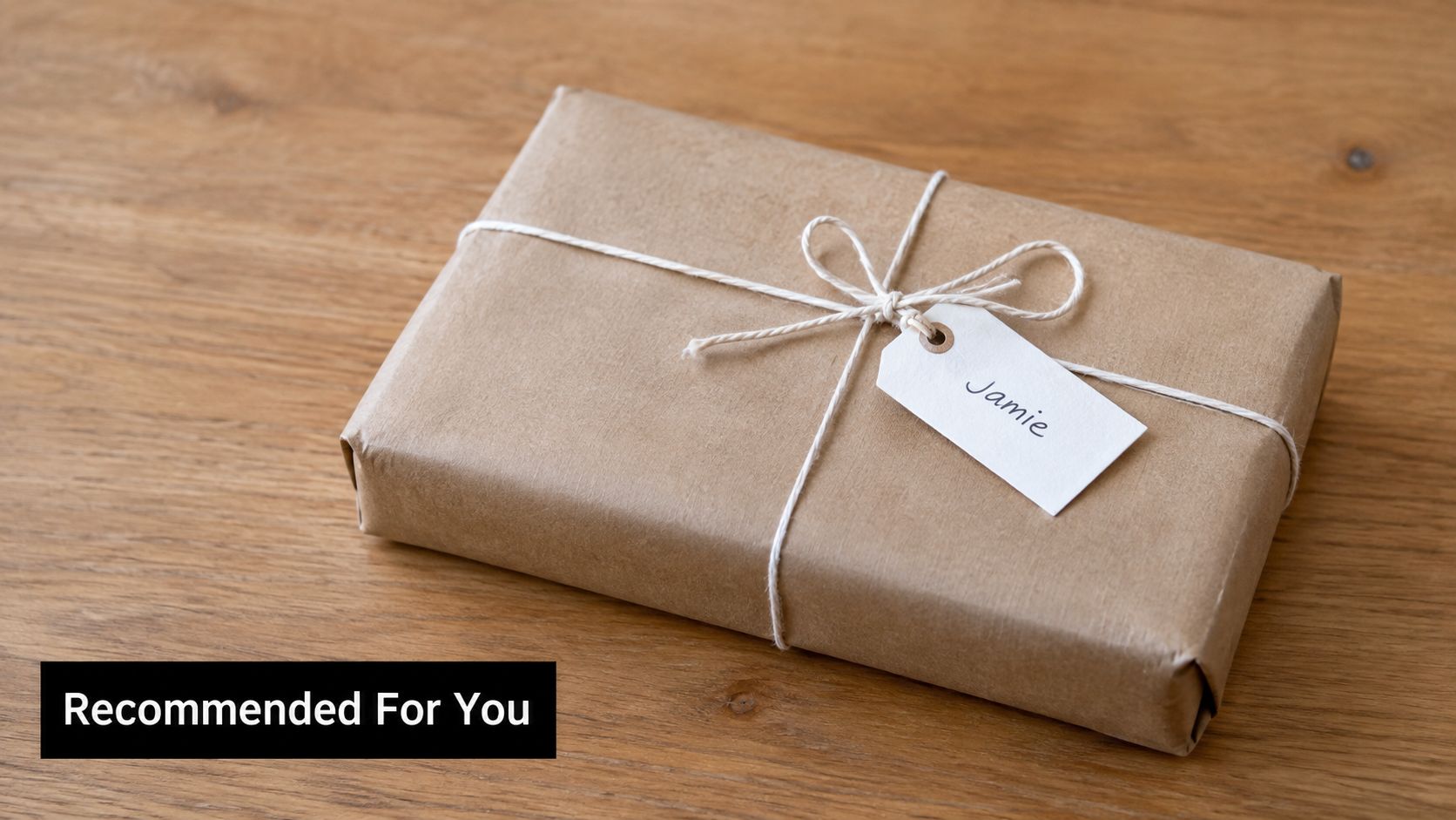 A brown paper-wrapped gift tied with white string sits on a wooden surface with a Jamie gift tag.