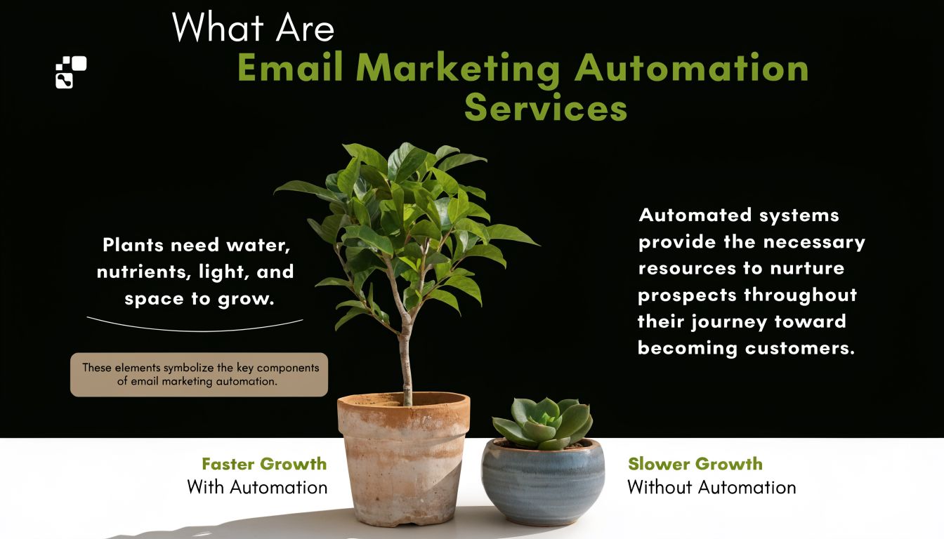 A visual metaphor comparing business growth with and without email marketing automation using two potted plants.