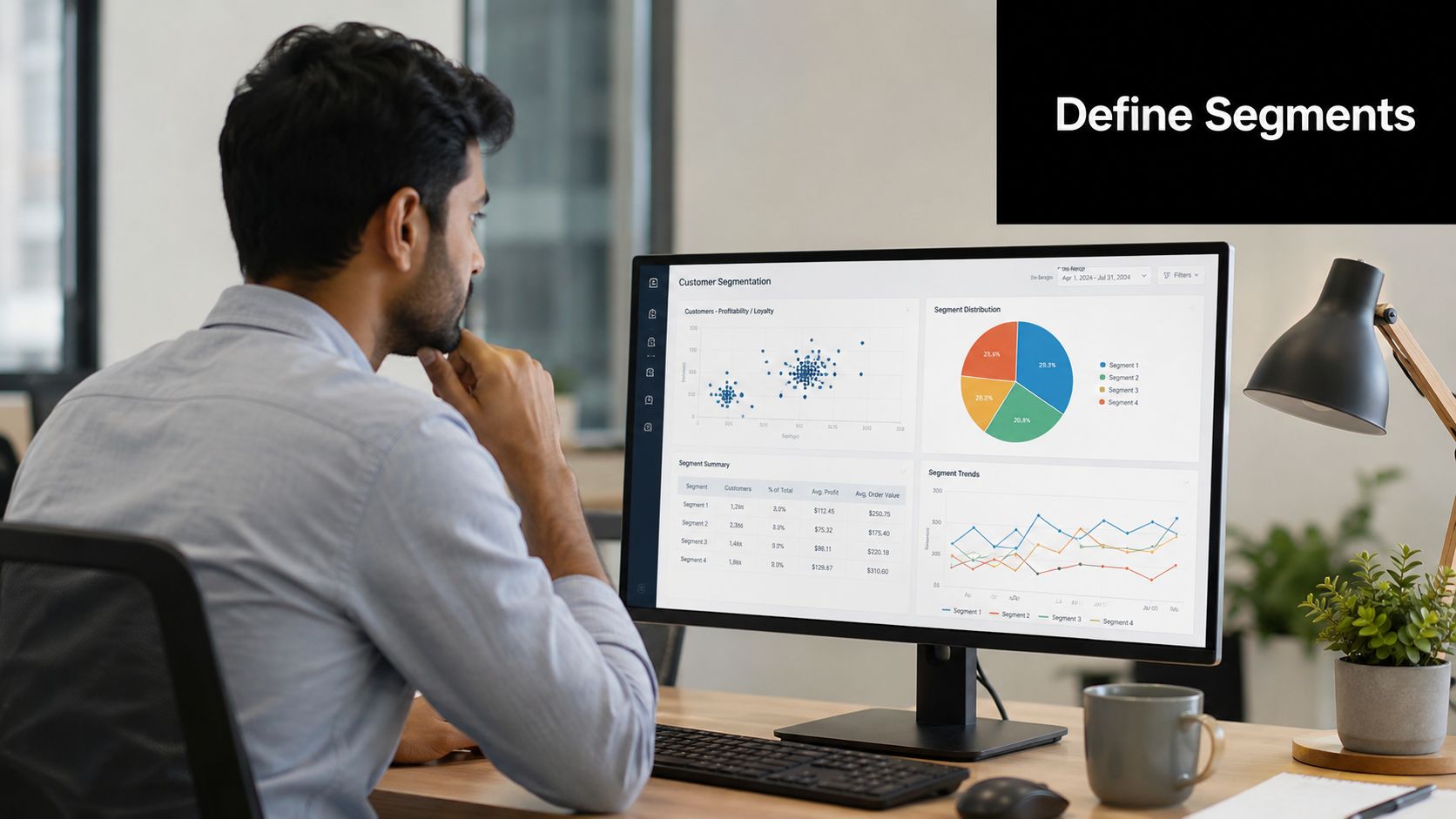 A professional analyzing customer segmentation data and charts on a computer screen in an office environment.