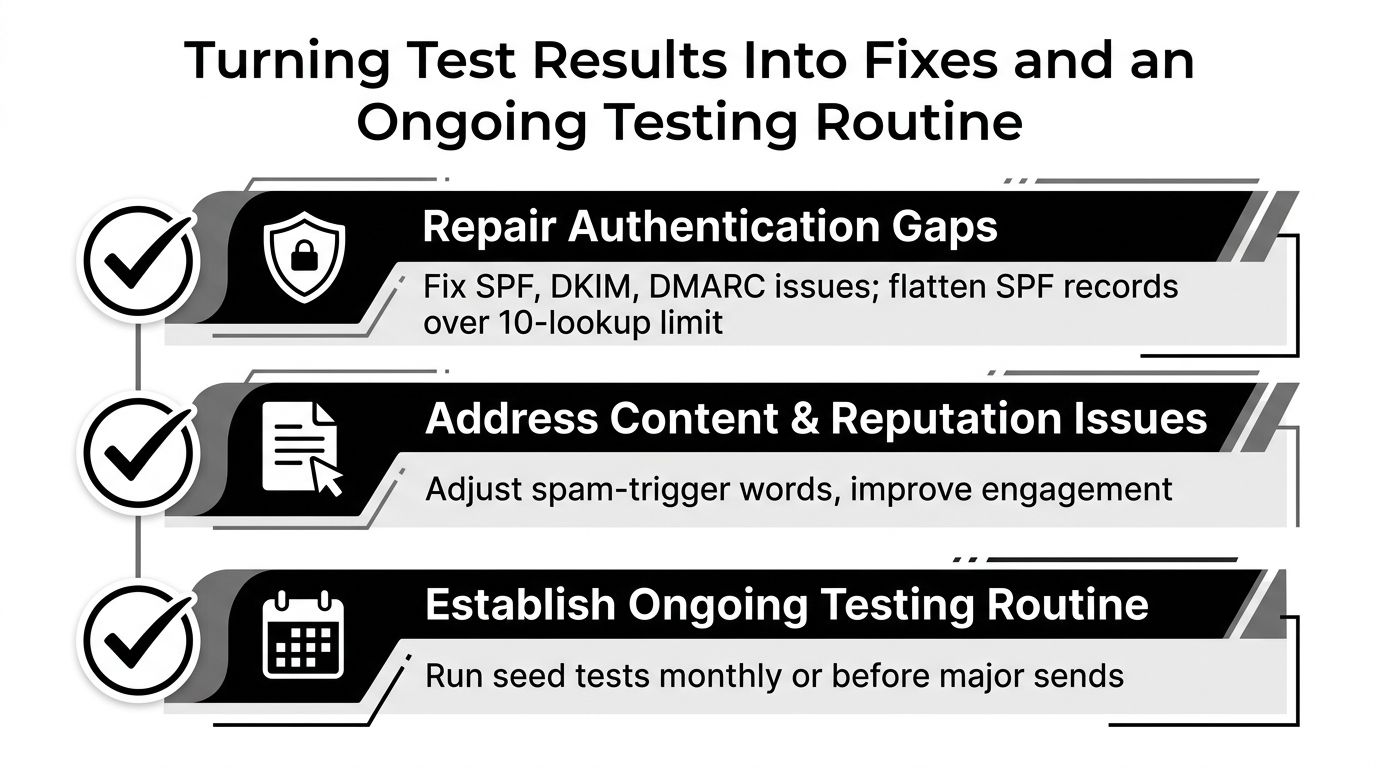 A diagram outlining steps to fix email deliverability issues, including authentication repairs, content improvements, and routine testing.