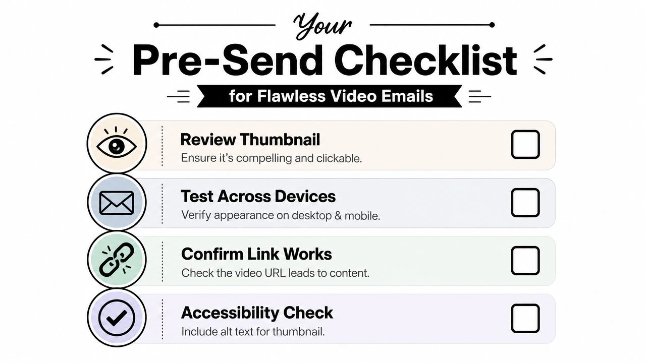 A pre-send checklist for video emails featuring four steps for thumbnail review, device testing, link confirmation, and accessibility.