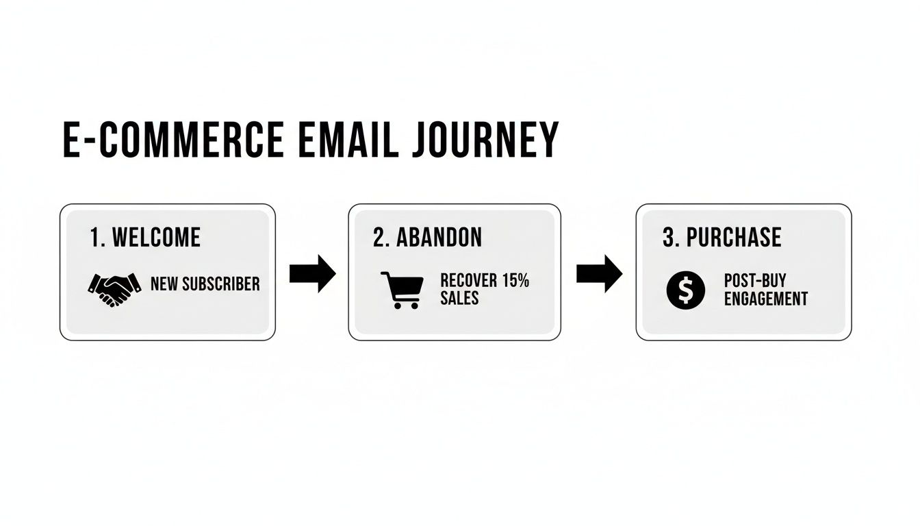 Flowchart illustrating the E-Commerce Email Journey, covering welcome, abandon cart, and post-purchase stages.