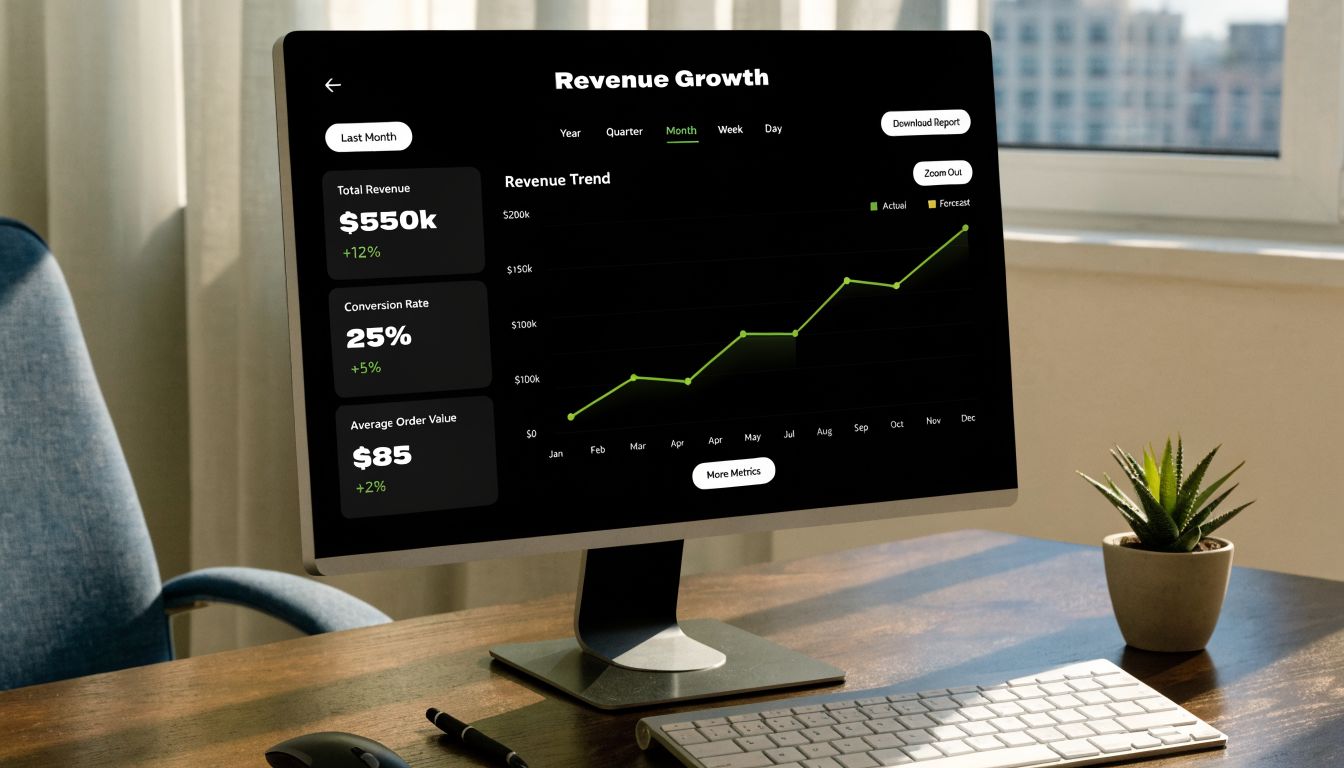 A computer monitor displaying a revenue growth dashboard with line charts and key business metric cards.
