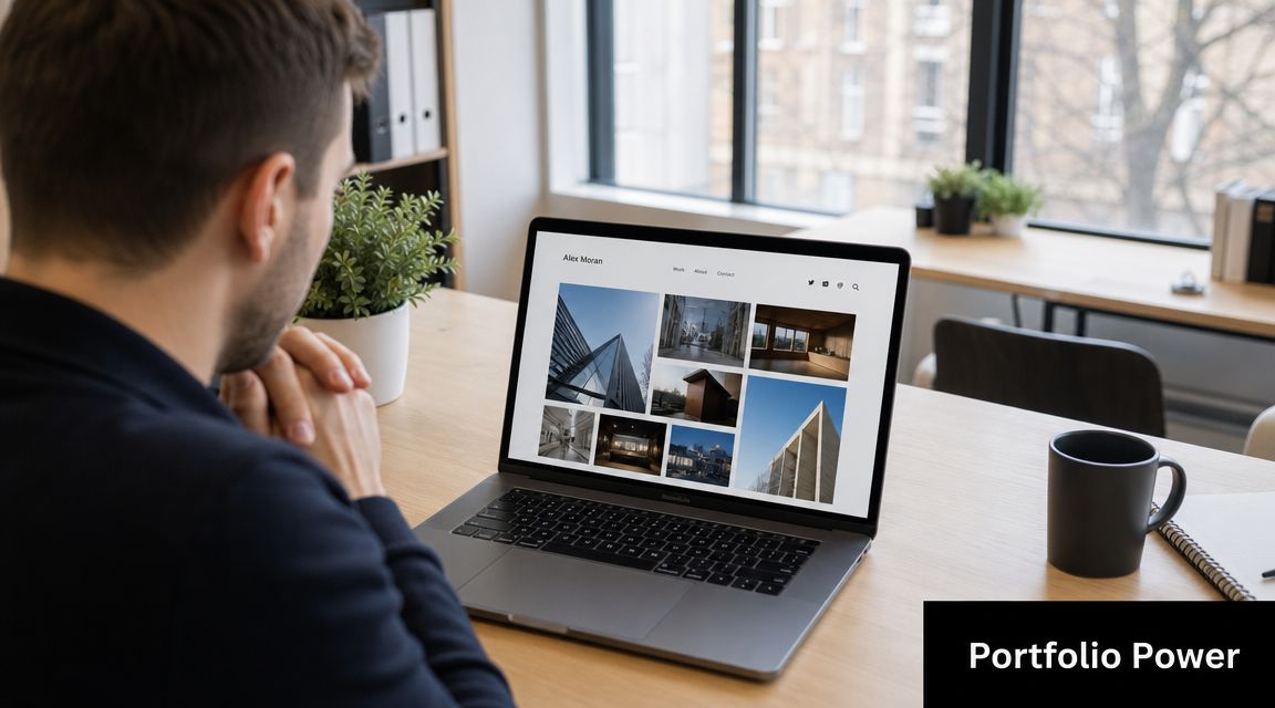 A professional man working on a laptop showcasing architectural design photos at a clean office desk.