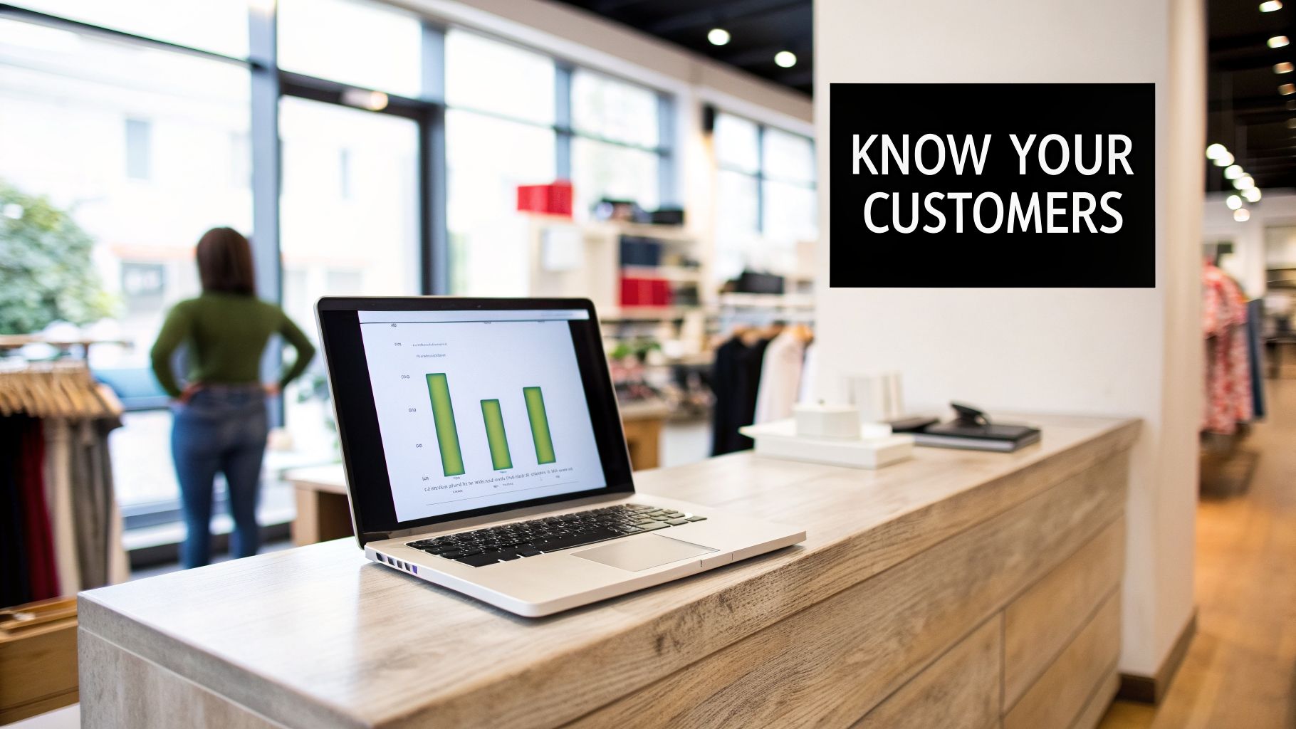 A laptop on a counter displays customer data analytics in a retail store with a 'Know Your Customers' sign.