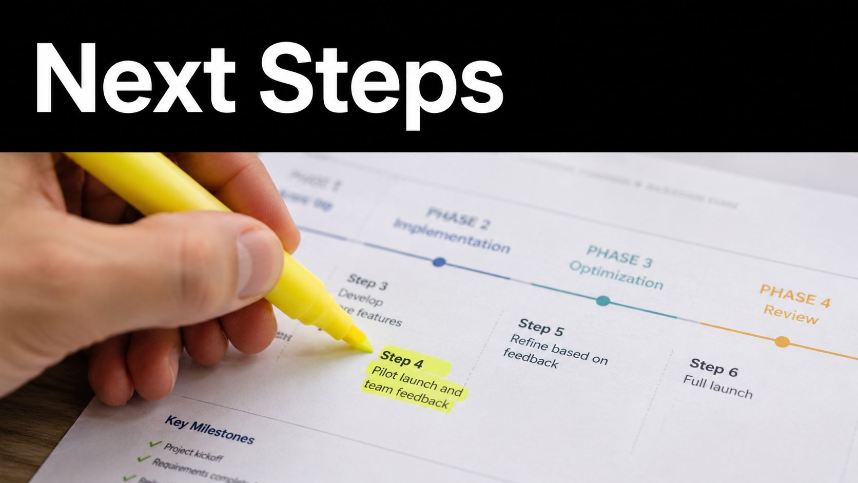 A hand using a yellow highlighter to mark step 4 on a business process roadmap chart.