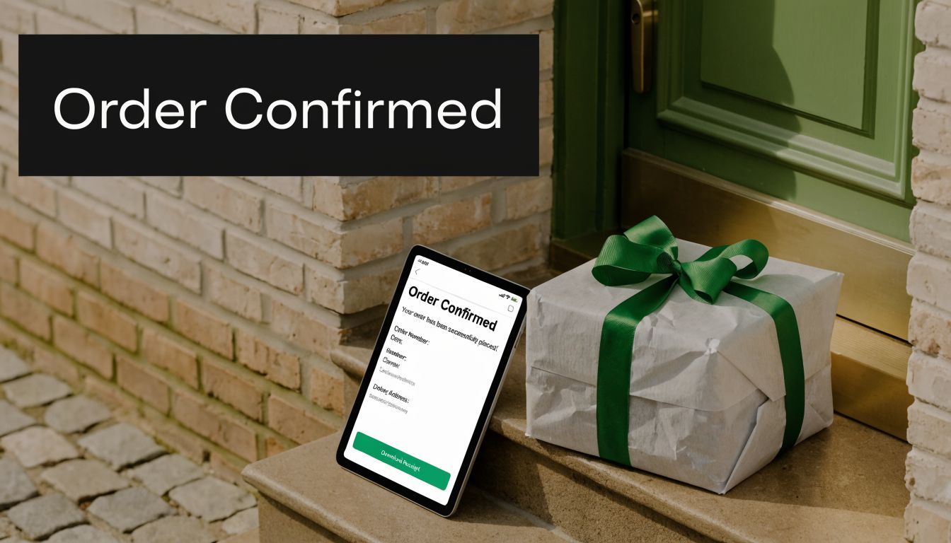 A digital tablet displaying an order confirmation screen placed next to a wrapped gift on a porch.