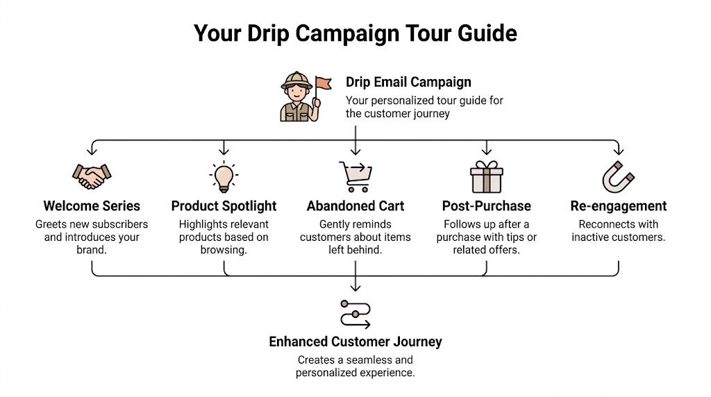 An infographic titled Your Drip Campaign Tour Guide showing five email marketing strategies for customer journey management.