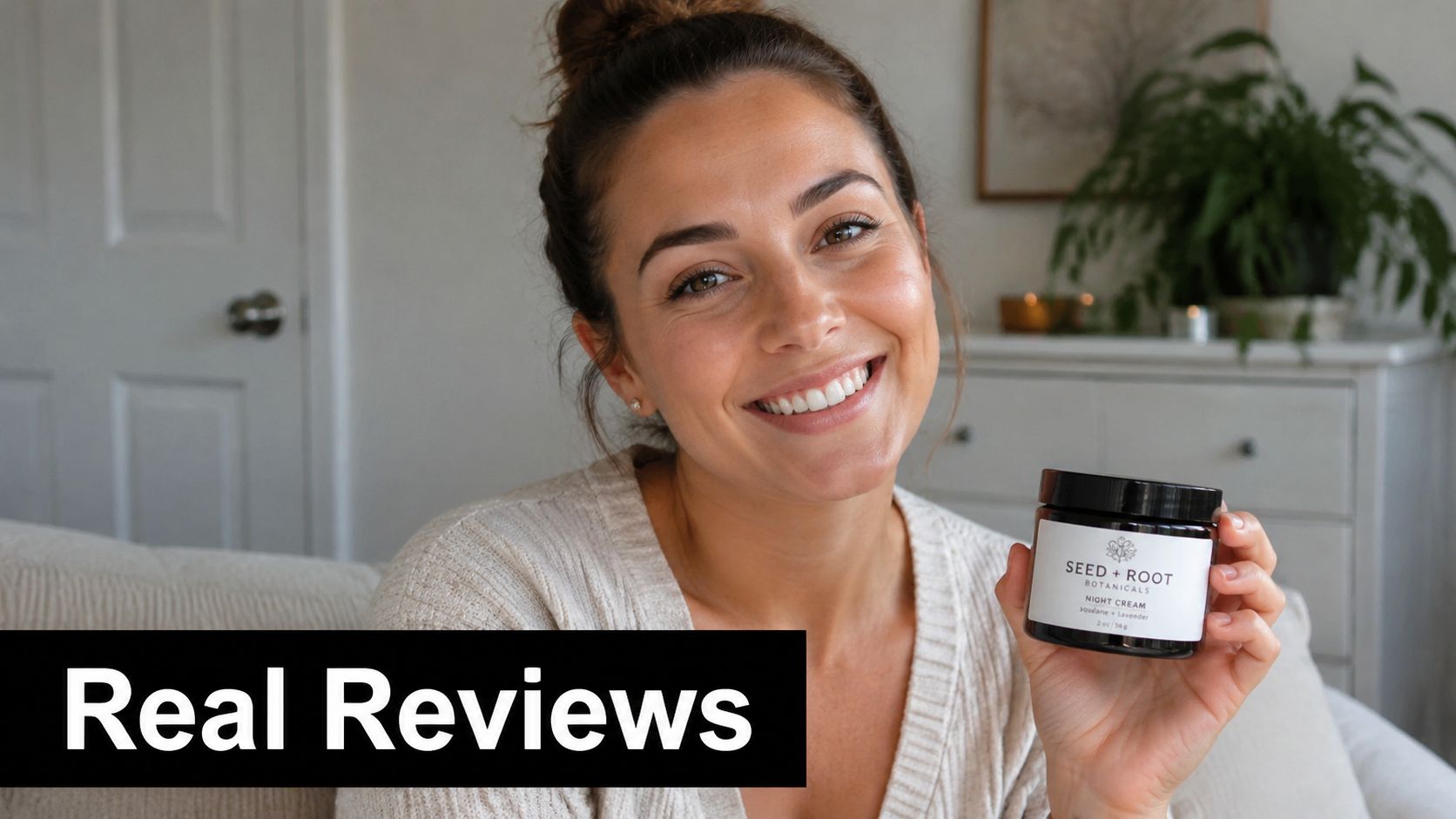 A smiling woman holding a jar of Seed + Root Botanicals night cream in her living room.