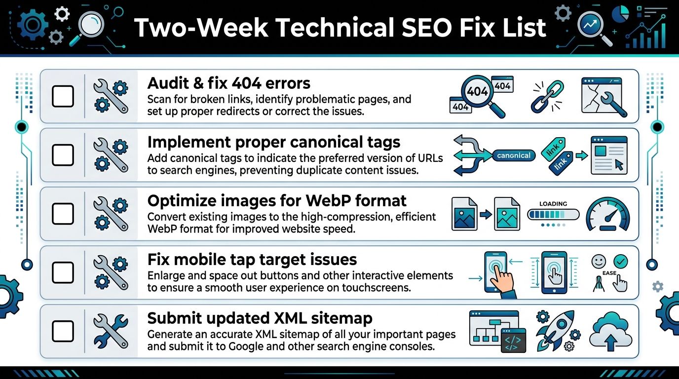 A checklist infographic titled Two-Week Technical SEO Fix List outlining essential website maintenance tasks for better performance.