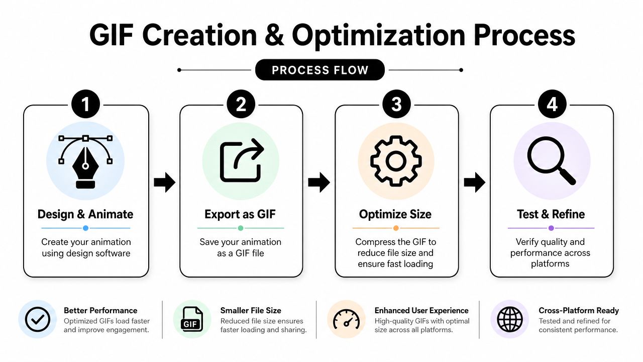 A flowchart showing the four-step process for creating and optimizing an animated GIF for better performance.