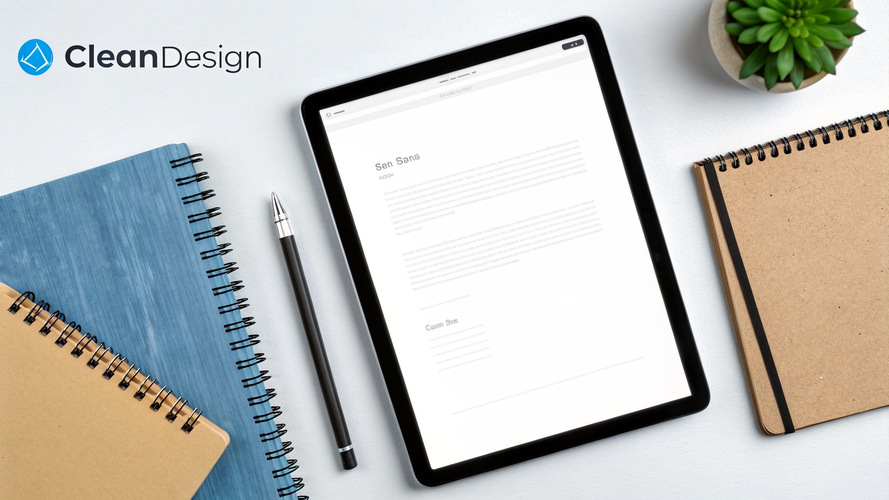 A flat lay of a minimalist workspace with a tablet, pen, notebooks, and a plant on a white desk.