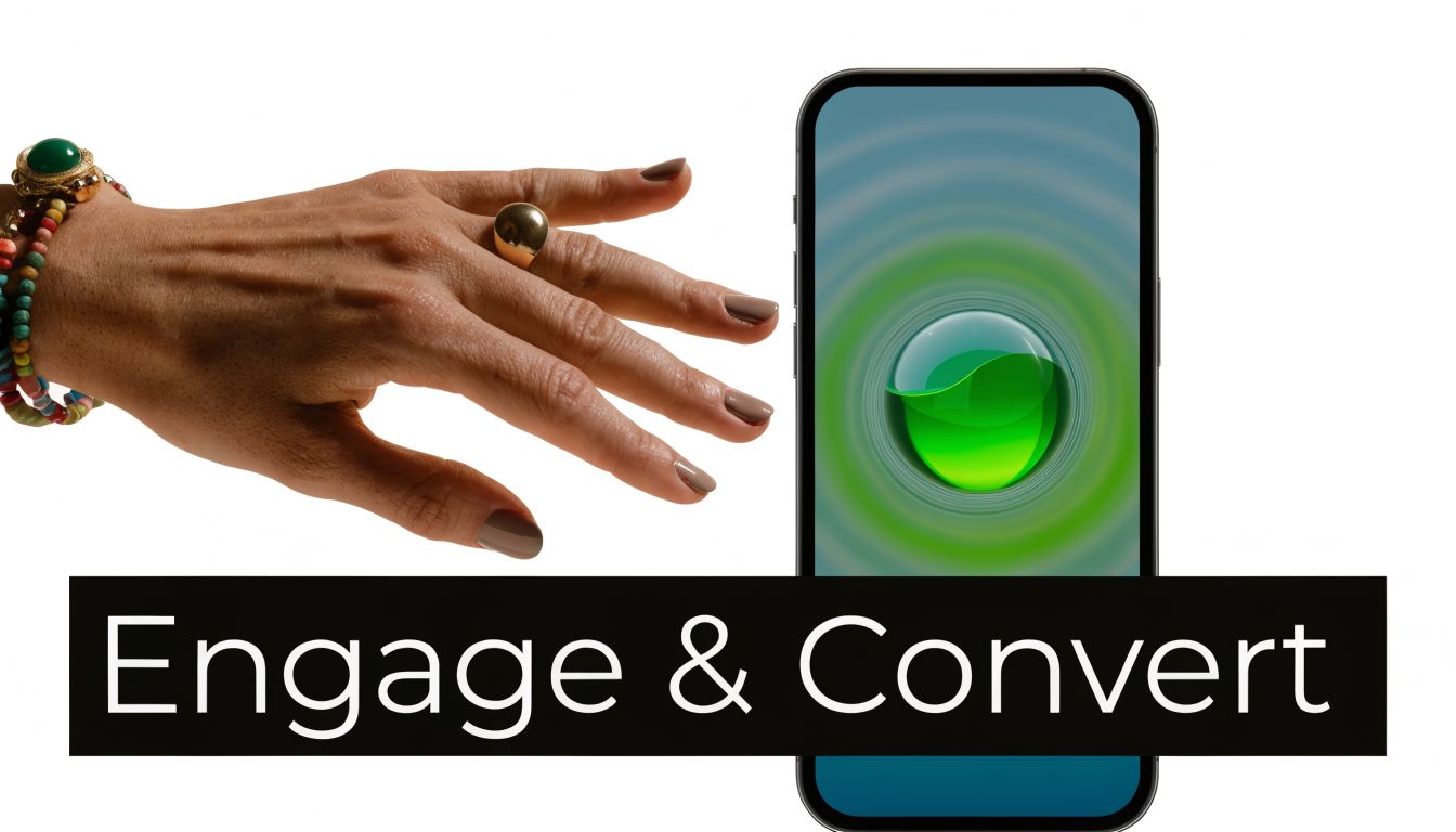 A hand reaching toward a smartphone displaying a glowing green orb icon with the text Engage and Convert.