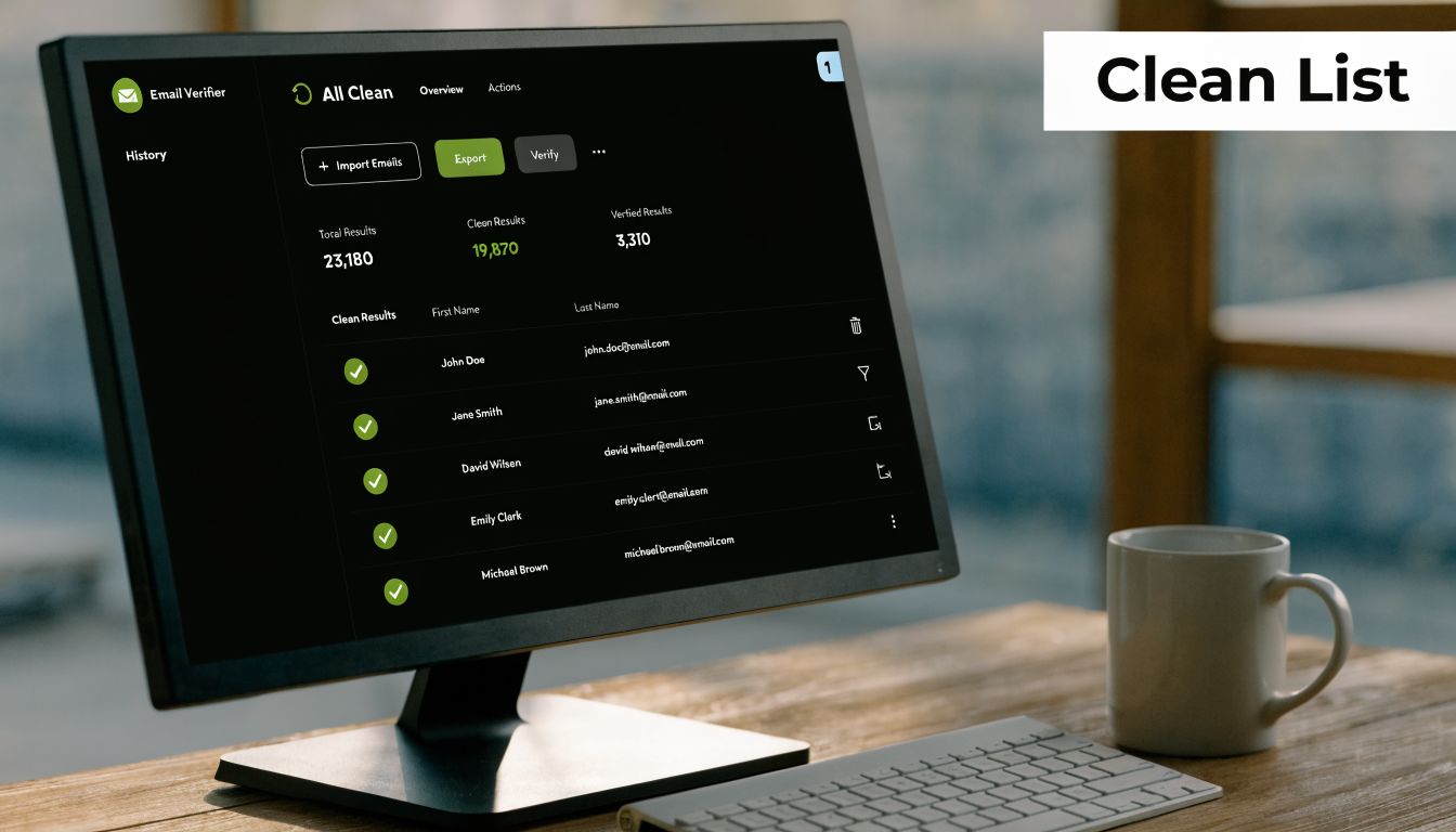 A computer monitor displaying an email verification software dashboard with a clean list of verified email addresses.