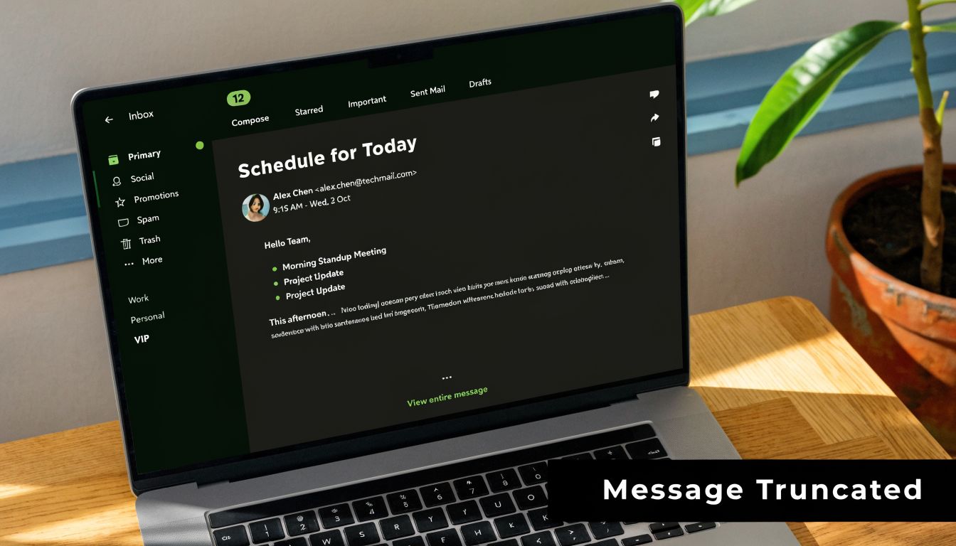 A laptop screen displaying an email interface with a message truncated notification on the bottom right.