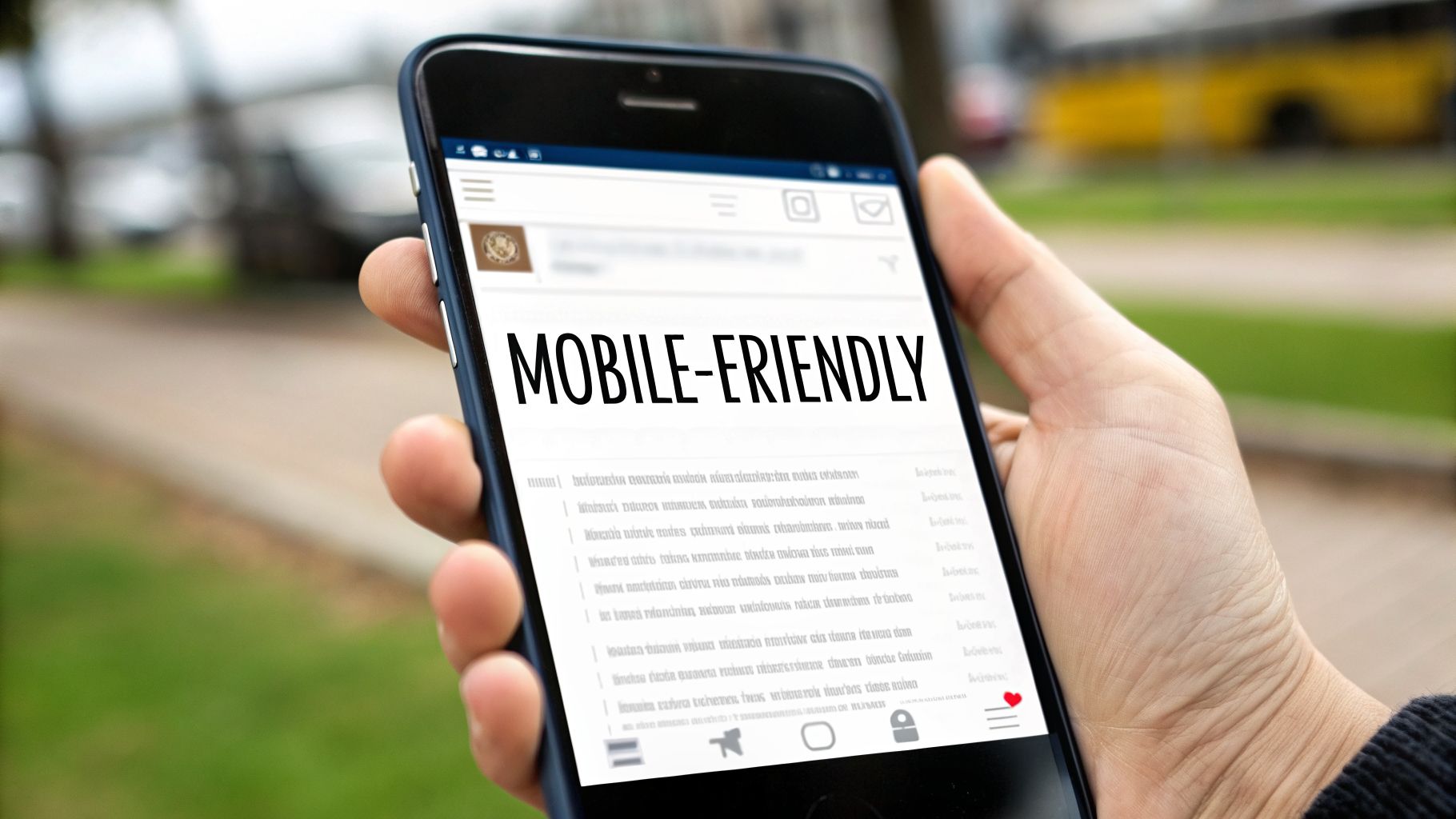 A hand holds a smartphone displaying the prominent black text 'MOBILE-FRIENDLY' on its screen.