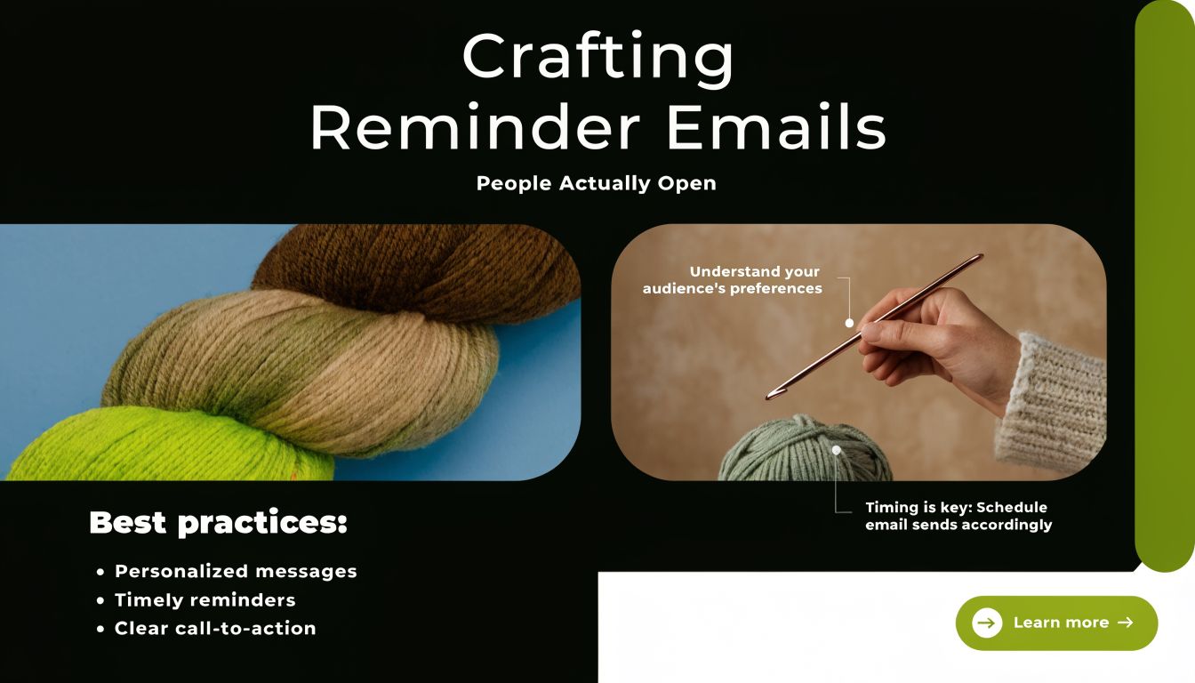 A creative infographic about crafting effective email reminders featuring yarn imagery and professional marketing tips.
