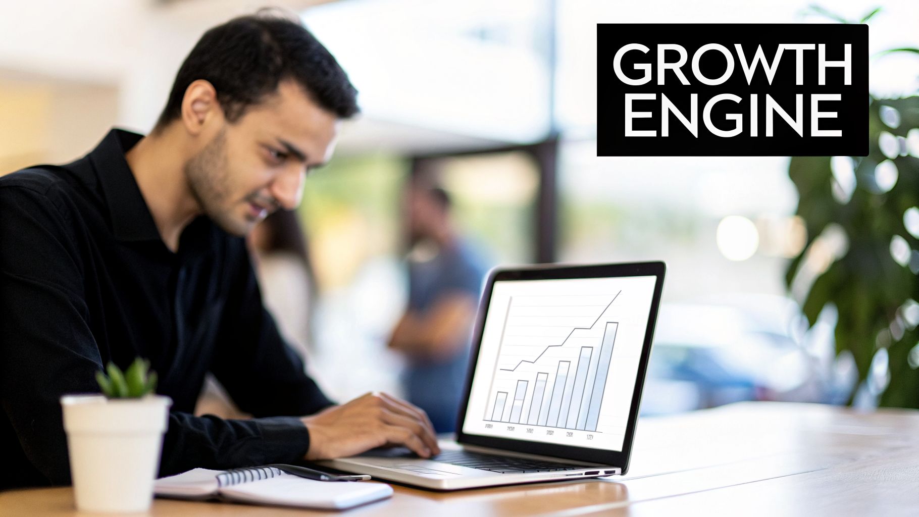 A man works intently on a laptop displaying a growth chart, with 'GROWTH ENGINE' text.