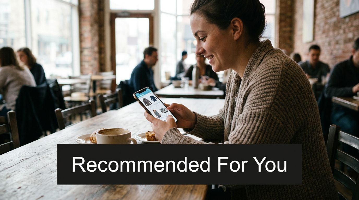 A woman smiling while looking at clothing options on her smartphone inside a cozy cafe setting.