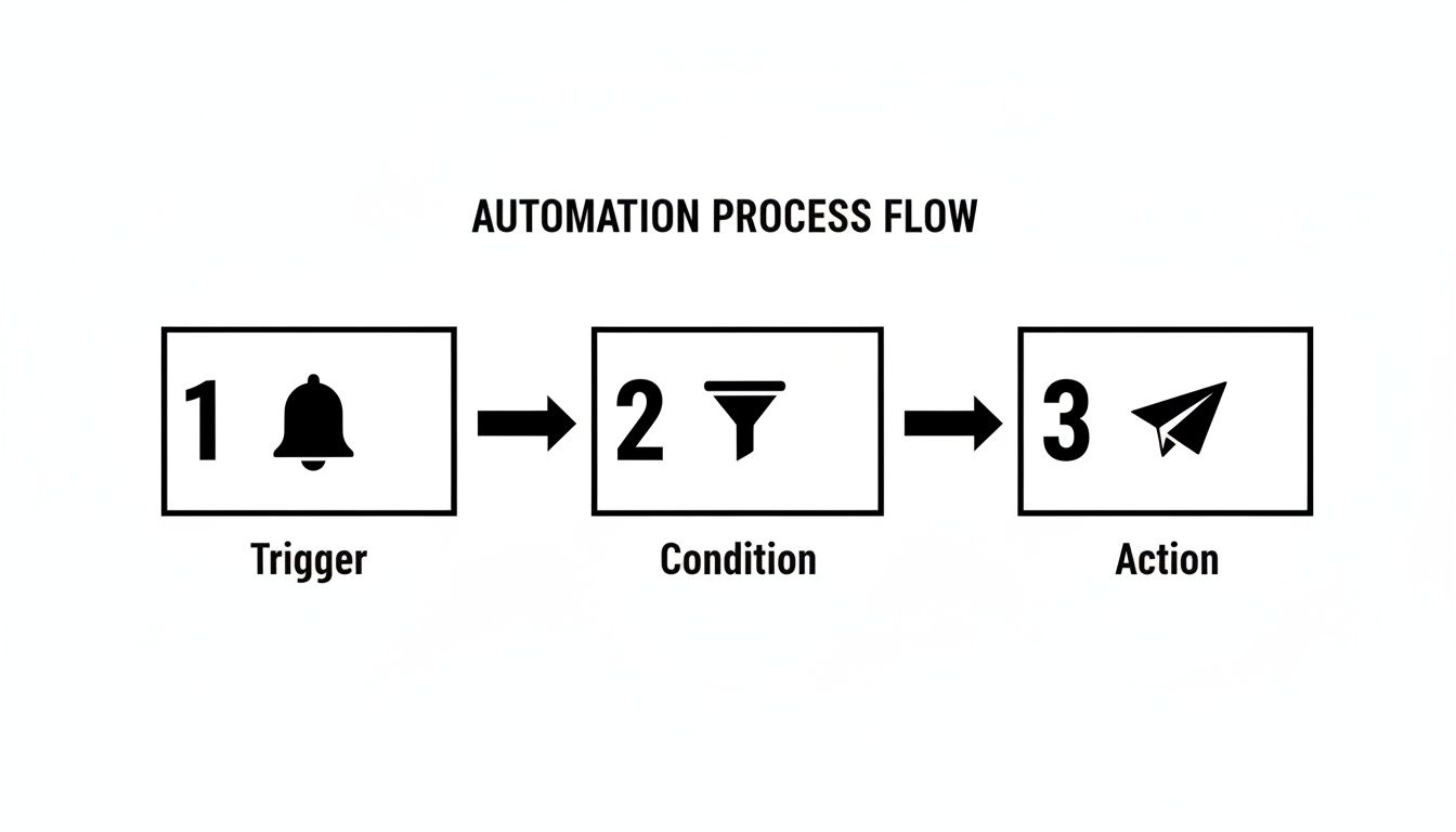 A diagram showing an automation process flow with three steps: Trigger (bell), Condition (filter), and Action (paper plane).