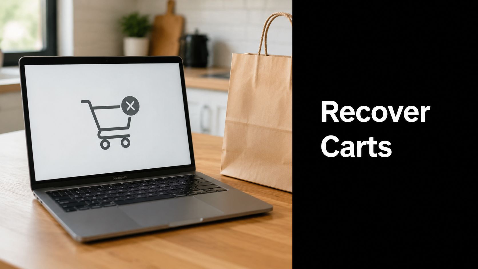 A laptop screen displaying a shopping cart with an X mark next to a paper shopping bag.