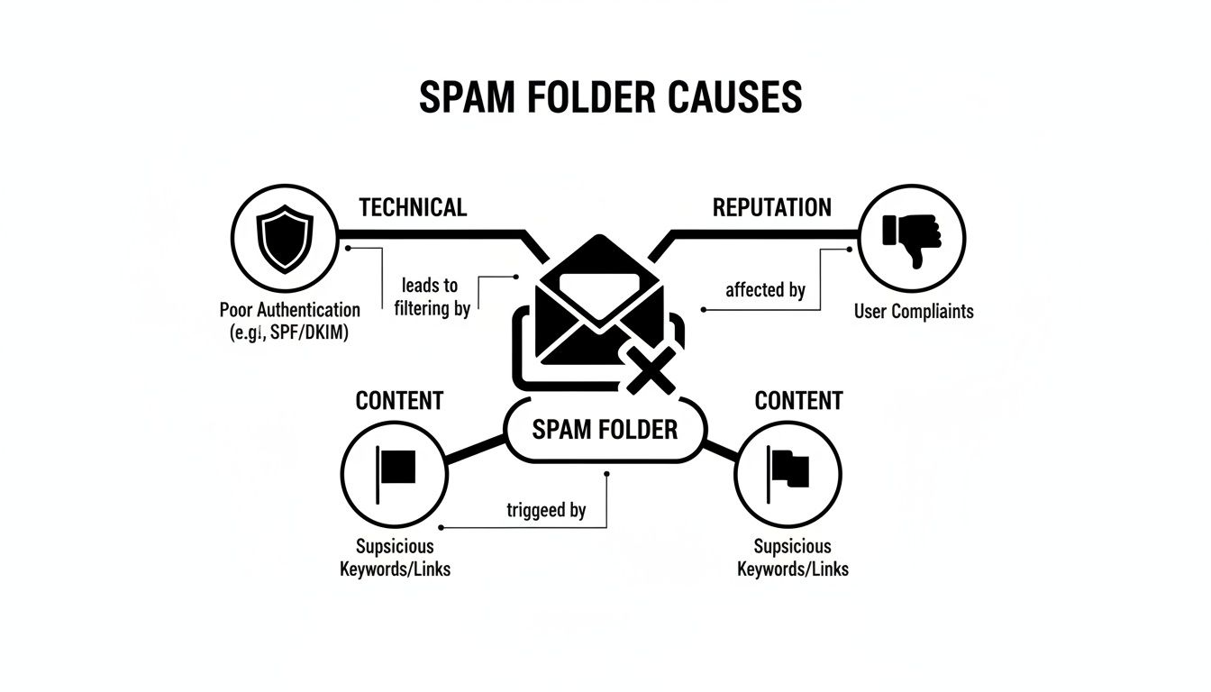 Diagram illustrating the causes of emails going to the spam folder due to technical, reputation, and content issues.