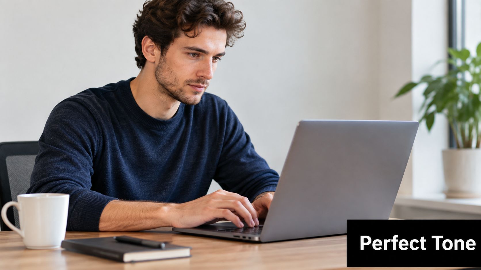 A man wearing a dark sweater working intently on his laptop at a wooden office desk.