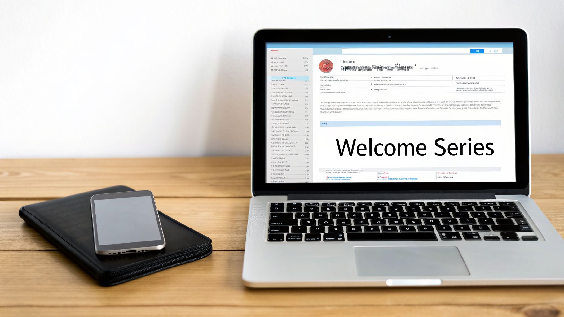 A laptop displaying "Welcome Series" on a wooden desk with a smartphone and black folder.
