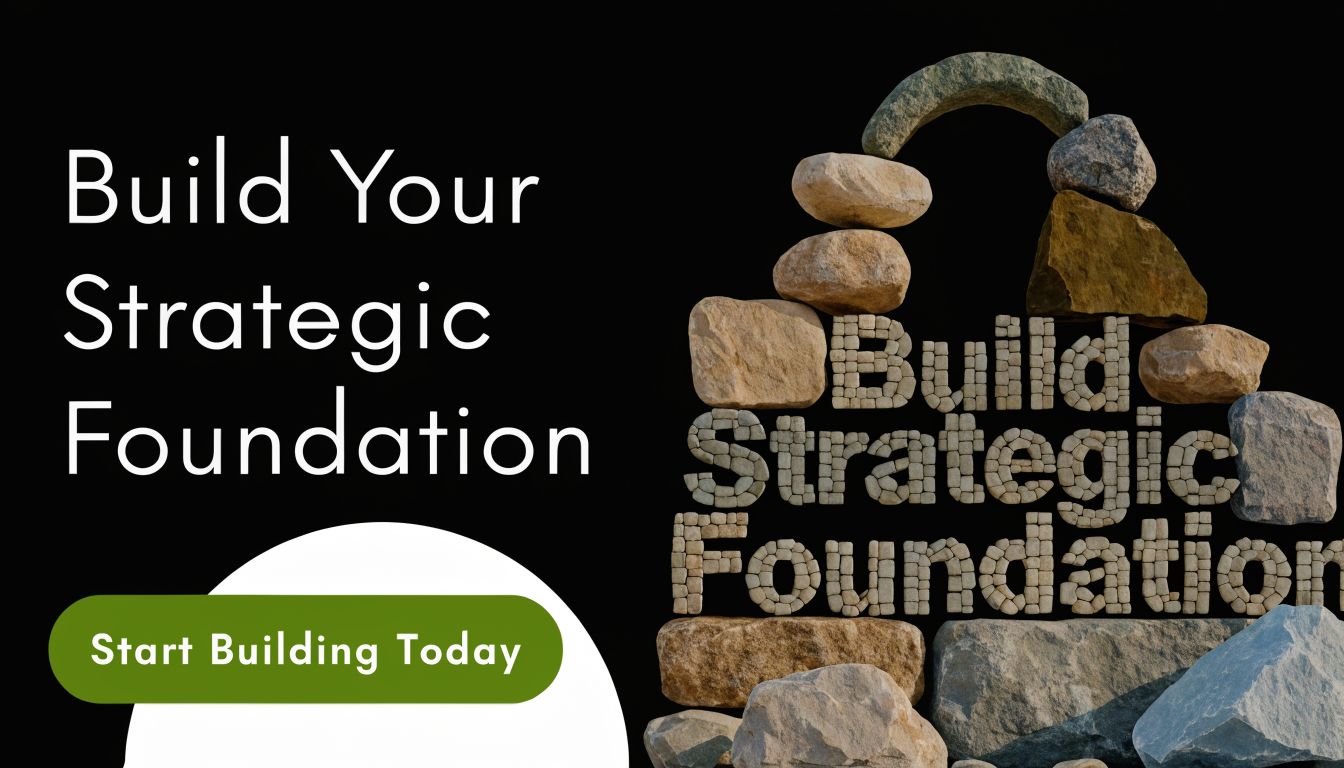 A motivational graphic featuring stacked rocks forming a pyramid with the text Build Your Strategic Foundation.