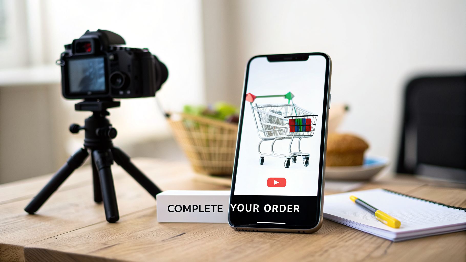 A smartphone displays an online shopping cart with 'Complete Your Order' text, beside a camera and notebook.
