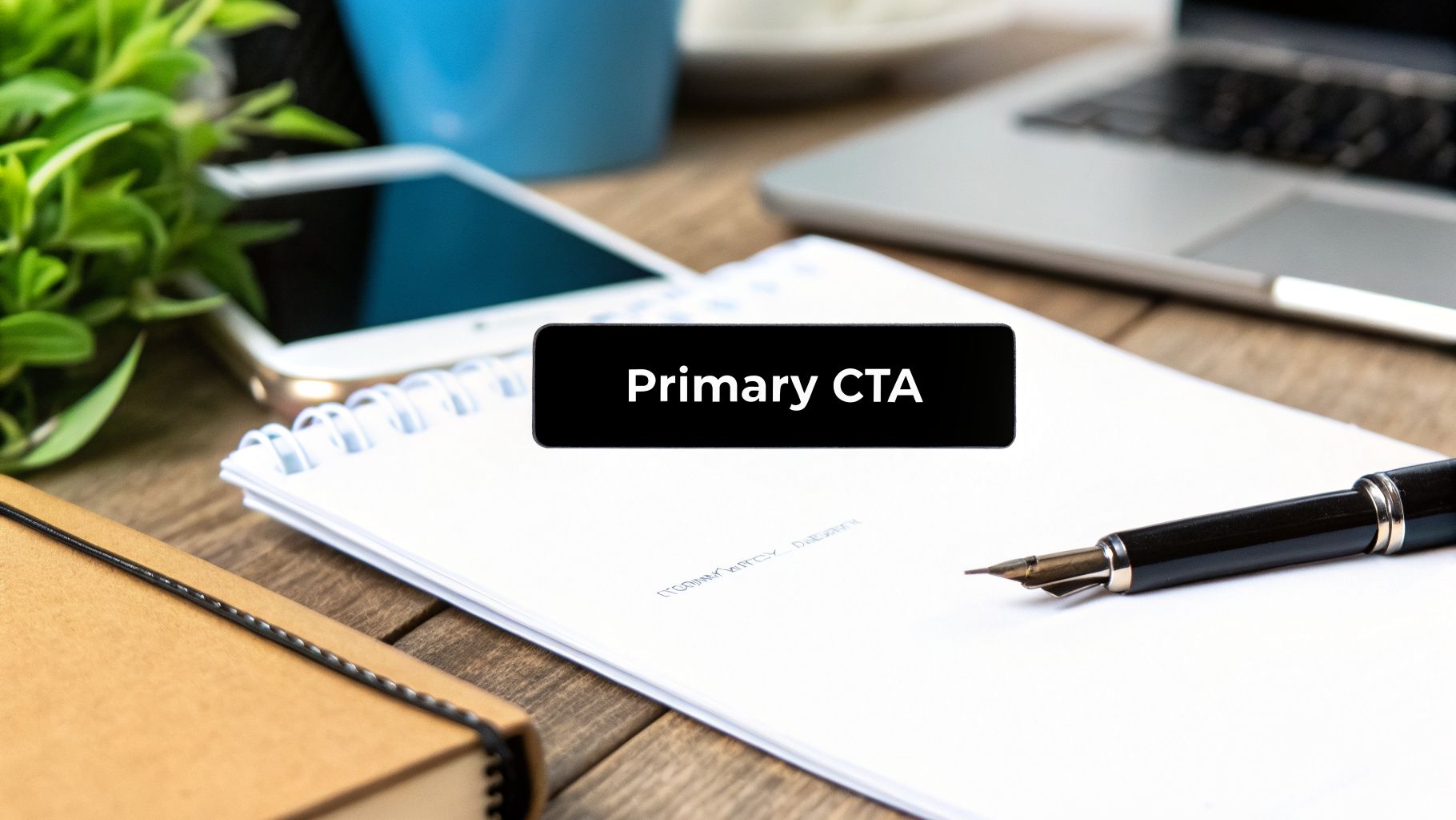 A flat lay of an office desk with a notebook, pen, smartphone, plant, and laptop, featuring 'Primary CTA' text.