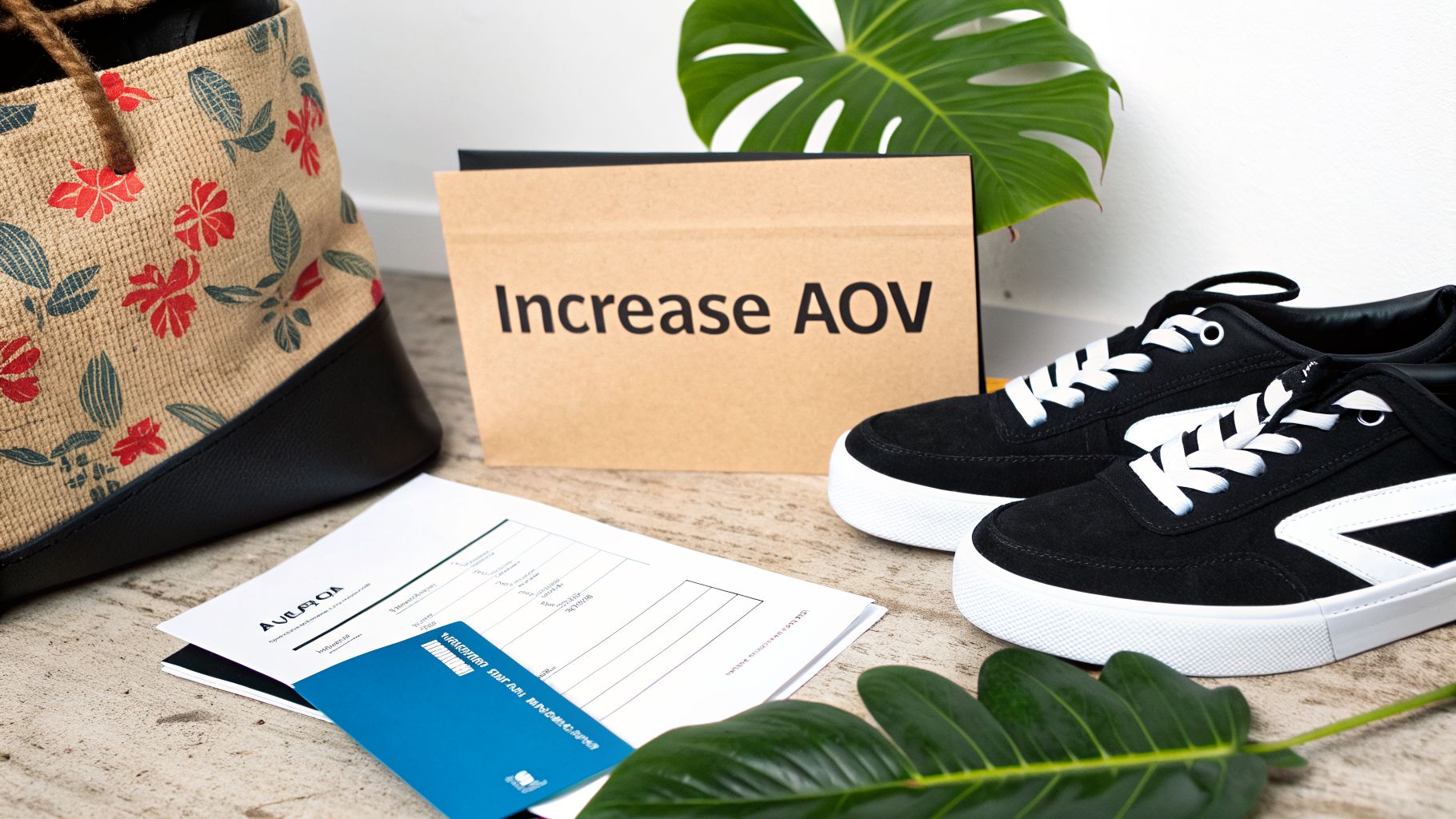 A sign displays 'Increase AOV' among business documents, shoes, and a tropical bag.