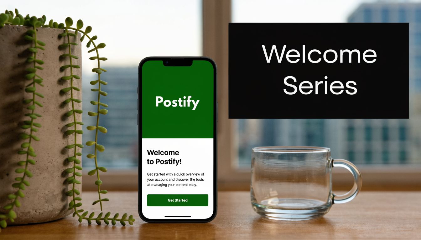 A smartphone screen displaying the Postify welcome series interface, shown next to a plant and glass.