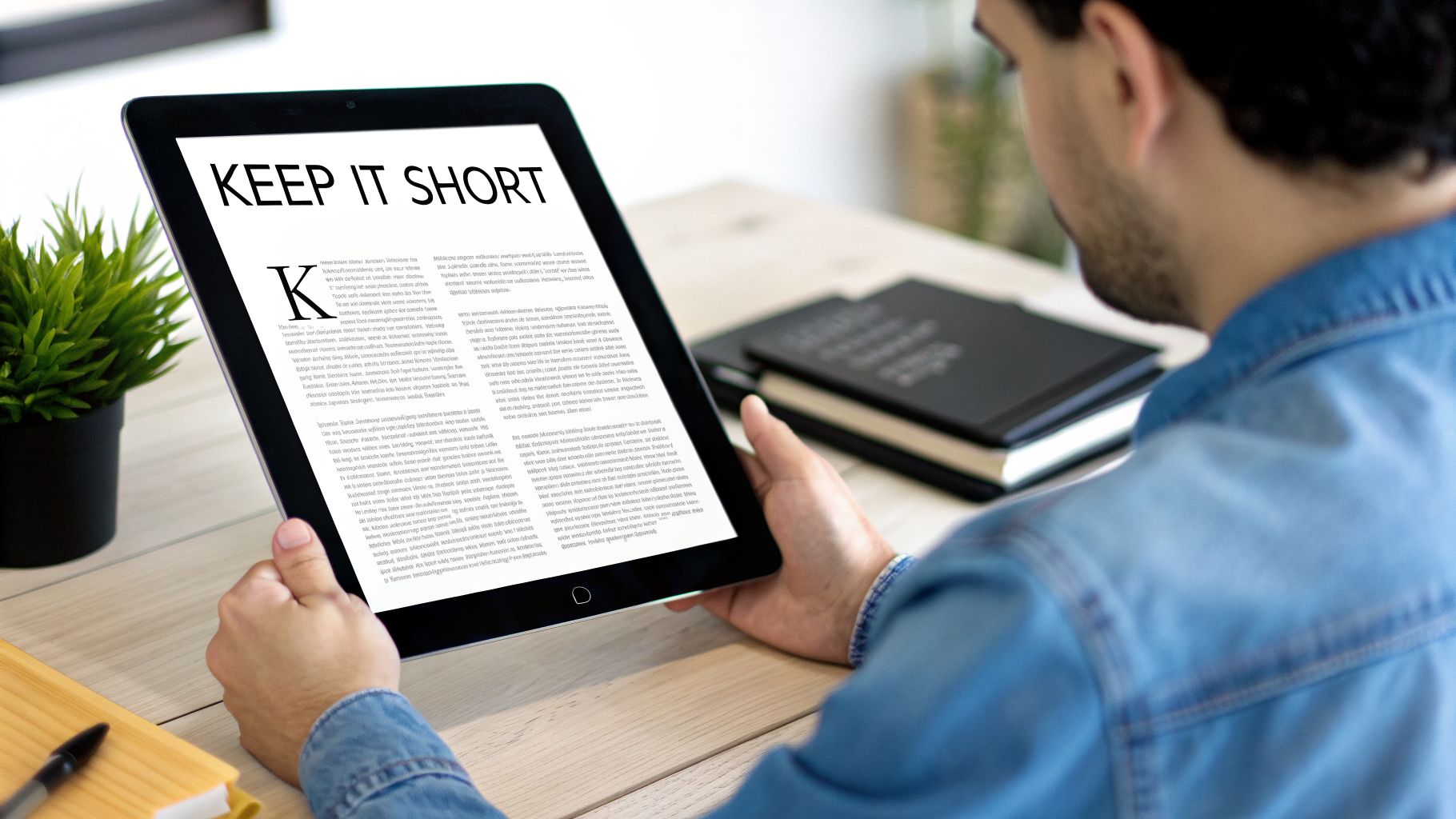 Over-the-shoulder view of a man reading a tablet with "KEEP IT SHORT" displayed on screen.