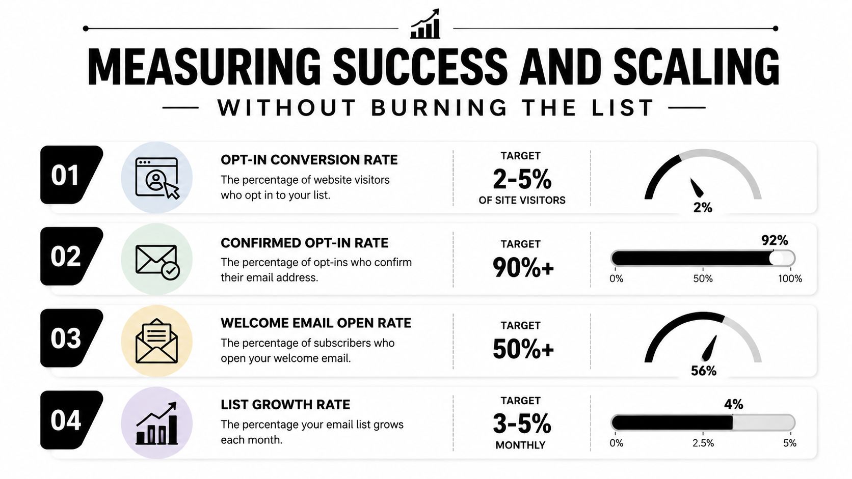 A marketing infographic illustrating key email list performance metrics including opt-in, confirmation, open, and growth rates.